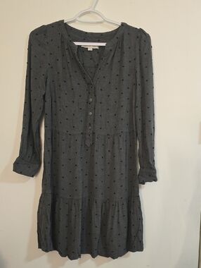 LOFT Gray Long Sleeve Polka Dot Tiered Dress